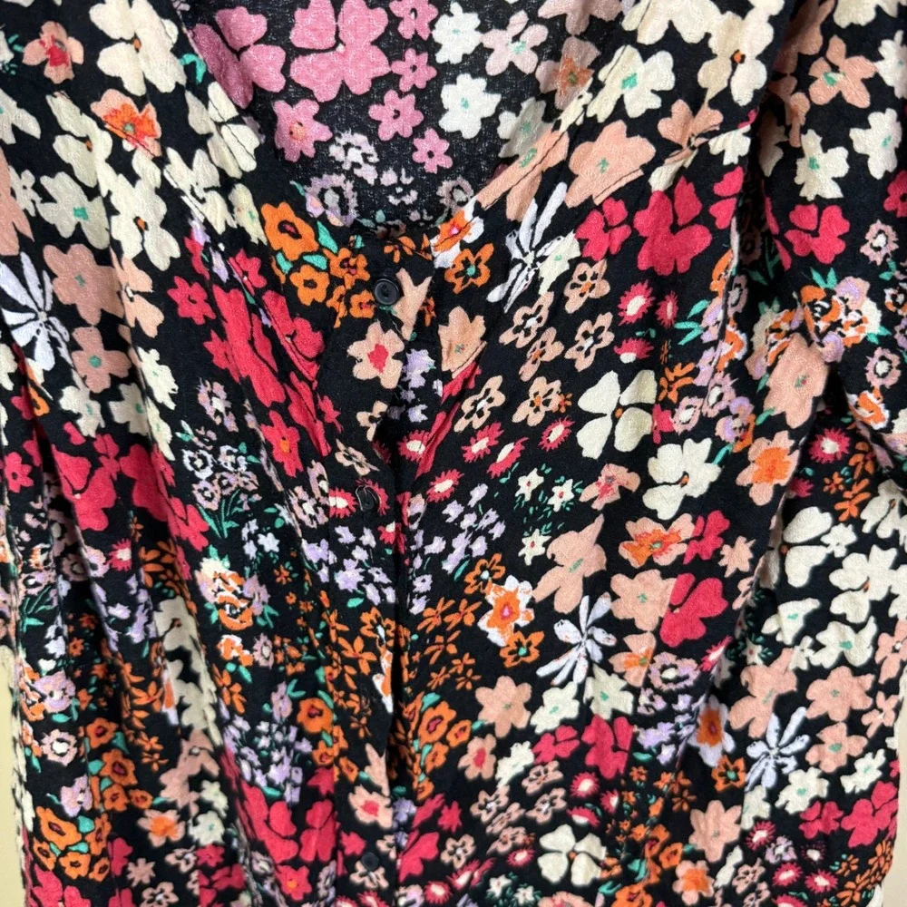 Free People Callie Printed Tunic Black Floral Print Puff Sleeve Tie Back Top Med